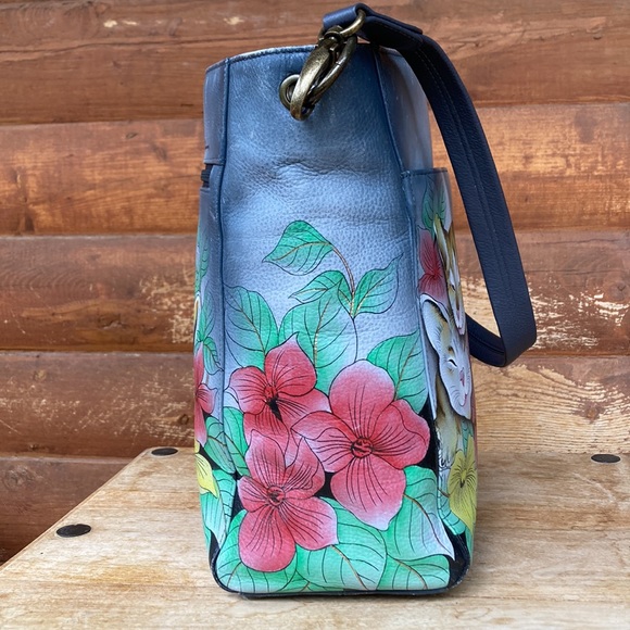 Anuschka Kitten Bag Gray Leather Hand Painted Cats and Flowers - Picture 3 of 14